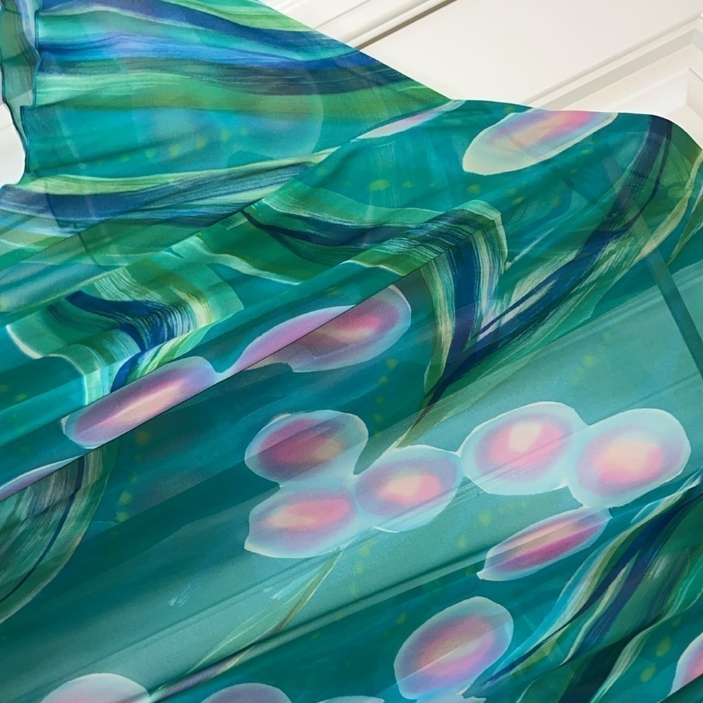 Multi piece Yolanda Lorente teal silk hand painted top skirt and topper size M - Picture 4 of 15